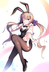  animal_ears black_bow black_bowtie black_leotard blonde_hair blue_eyes bow bowtie breasts brown_pantyhose chinese_commentary cleavage commentary_request detached_collar fake_animal_ears female fishnet_pantyhose fishnets foreshortening hair_ornament hairbow highres kagami_(galgamesion) koiiro_soramoyou leotard long_hair md5_mismatch medium_breasts one_eye_closed pantyhose playboy_bunny purple_bow rabbit_ears shinohara_sera simple_background solo strapless strapless_leotard twintails white_background wrist_cuffs 