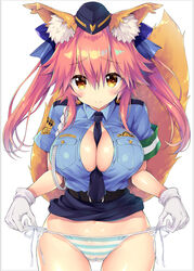  aiguillette alternate_costume animal_ear_fluff animal_ears armband belt between_breasts blue_necktie blue_panties blue_ribbon blue_shirt blue_skirt blush breasts bursting_breasts button_gap cameltoe cleavage closed_mouth clothes_lift commentary_request fanbox_reward fate/extella fate/extella_link fate/extra fate_(series) female female_service_cap fox_ears fox_tail gloves hair_between_eyes hair_ribbon hat hip_focus large_breasts long_hair looking_at_viewer miniskirt necktie official_alternate_costume paid_reward panties pink_hair police police_uniform policewoman ribbon sasorigatame shirt shirt_lift side-tie_panties sidelocks simple_background skirt smile solo striped_clothes striped_panties tail tamamo_(fate) tamamo_no_mae_(fate/extra) tamamo_no_mae_(police_fox)_(fate) underwear uniform white_background white_gloves yellow_eyes 