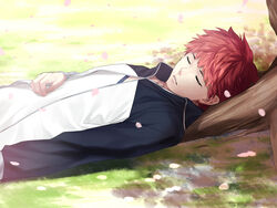  1boy bad_id bad_pixiv_id closed_eyes emiya_shirou fate/stay_night fate_(series) jacket lying male_focus mitsuki_mitsuno red_hair sleeping solo 