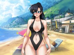  beach black_hair blue_eyes blush breasts female female fuuma_tokiko kagami_hirotaka lilith-soft one-piece_swimsuit shiny_skin sky smile swimsuit taimanin_asagi taimanin_asagi_battle_arena 