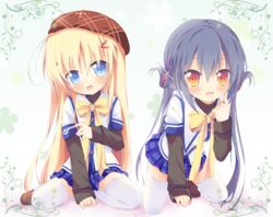  2girls alcot blonde_hair blue_eyes blue_hair blush bow clover_day&#039;s hat orange_eyes skirt takakura_anri takakura_anzu thighhighs torinannkotsukushi 