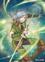  1boy banamons boots braid copyright_name force_of_will gill_(force_of_will) leaf long_hair male_focus nail_polish official_art orange_eyes ponytail protected_link solo sparkle white_hair 