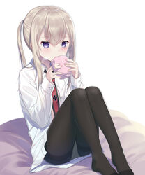  bad_id bad_pixiv_id black_pantyhose blush cnm cup dress_shirt female graf_zeppelin_(kancolle) grey_hair hair_between_eyes highres kantai_collection long_hair long_sleeves mug necktie no_shoes pale_skin panties panties_under_pantyhose pantyhose purple_eyes shirt simple_background sitting solo thighband_pantyhose twintails underwear white_background 