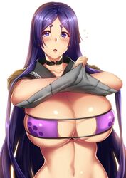  bikini black_serafuku blush breasts choker cleavage clothes_lift collarbone commentary eyepatch_bikini fate/grand_order fate_(series) female highres huge_breasts long_hair looking_at_viewer megatama minamoto_no_raikou_(fate) minamoto_no_raikou_(swimsuit_lancer)_(fate) minamoto_no_raikou_(swimsuit_lancer)_(second_ascension)_(fate) navel open_mouth parted_bangs purple_bikini purple_eyes purple_hair school_uniform serafuku shirt_lift solo swimsuit thick_eyebrows very_long_hair 