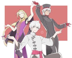  3boys ? alternate_hairstyle antonio_salieri_(fate) blonde_hair braid charles-henri_sanson_(fate) charles-henri_sanson_(traveling_outfit)_(fate) chinese_clothes commentary fate/grand_order fate_(series) gloves half_updo hat kneeling long_hair long_sleeves male_focus mocollie multiple_boys pose red_background red_gloves simple_background single_braid spoken_question_mark white_hair wolfgang_amadeus_mozart_(fate) 