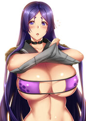  bikini black_serafuku blush breasts choker cleavage clothes_lift collarbone commentary english_commentary eyepatch_bikini fate/grand_order fate_(series) female highres huge_breasts long_hair looking_at_viewer megatama minamoto_no_raikou_(fate) minamoto_no_raikou_(swimsuit_lancer)_(fate) minamoto_no_raikou_(swimsuit_lancer)_(second_ascension)_(fate) navel open_mouth parted_bangs purple_bikini purple_eyes purple_hair school_uniform serafuku shirt_lift swimsuit thick_eyebrows very_long_hair 