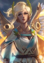  ancient_greek_clothes artist_name backlighting blonde_hair blue_eyes blurry bokeh breasts chiton cleavage commentary depth_of_field dress feathered_wings female glowing glowing_feather glowing_wings greco-roman_clothes head_wreath high_ponytail highres laurel_crown lazy_eye light_smile lips looking_at_viewer mechanical_wings mercy_(overwatch) nose official_alternate_costume outdoors overwatch overwatch_1 parted_lips pink_lips raikoart see-through_silhouette short_hair short_sleeves signature small_breasts solo spread_wings upper_body white_dress winged_victory_mercy wings yellow_wings 