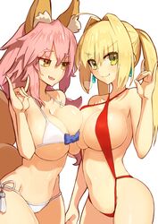  2girls \m/ absurdres ahoge animal_ear_fluff animal_ears asymmetrical_docking bikini blonde_hair breast_press breasts brown_eyes closed_mouth commentary_request dh_ead earrings eyebrows fate/grand_order fate_(series) fox_ears fox_tail green_eyes highres jewelry large_breasts long_hair looking_at_another looking_at_viewer multiple_girls navel nero_claudius_(fate) nero_claudius_(fate/extra) nero_claudius_(red_lightning)_(fate) official_alternate_costume pink_hair red_bikini side-tie_bikini_bottom simple_background slingshot_swimsuit smile swimsuit tail tamamo_(fate) tamamo_no_mae_(fate/extra) tamamo_no_mae_(sexy_bikini)_(fate) twintails white_background white_bikini 