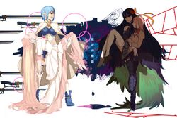  4girls akemi_homura akuma_homura argyle_clothes argyle_legwear black_hair blue_hair bow cape carrying clenched_teeth commentary dual_persona face-to-face gloves hair_down hairbow kaname_madoka long_hair magical_girl mahou_shoujo_madoka_magica mahou_shoujo_madoka_magica:_hangyaku_no_monogatari miki_sayaka miki_sayaka_(magical_girl) multiple_girls multiple_swords pink_hair princess_carry saiko67 short_hair smile spoilers sword teeth thighhighs ultimate_madoka weapon zettai_ryouiki 