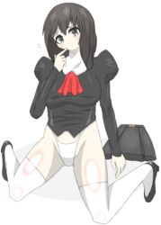  agent_aika aika_(series) artist_request black_delmo black_hair blush delmo dress female finger_to_mouth highleg highleg_panties long_hair looking_at_viewer panties sitting skirt skirt_removed solo tagme thighhighs underwear wariza white_legwear white_panties 