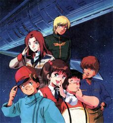  2girls 4boys alfred_izuruha bernard_wiseman black_hair blonde_hair brown_hair charlie_(gundam_0080) chay_(gundam_0080) christina_mackenzie dorothy_(gundam) gundam gundam_0080 hat military military_uniform multiple_boys multiple_girls official_art red_hair space space_colony star stars telcott_(gundam_0080) twintails uniform 