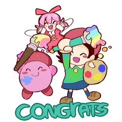  2girls adeleine archived_source artist_kirby artist_request black_hair congratulations copy_ability english_text happy hat highres kirby kirby:_star_allies kirby_(series) kirby_64 multiple_girls paint paintbrush pink_hair rainbow_gradient rainbow_order ribbon ribbon_(kirby) third-party_source 