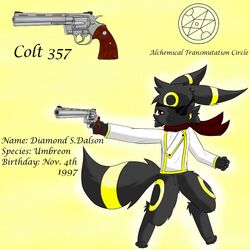  1:1 2014 clothing design_(disambiguation) eeveelution eye_patch eyewear fan_character generation_2_pokemon gun nintendo pokemon pokemon_(species) ranged_weapon scarf senz shirt topwear umbreon weapon 