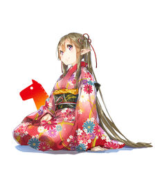  blush brown_hair commentary_request elf female furisode hair_ribbon japanese_clothes kimono long_hair myucel_foalan new_year outbreak_company partial_commentary photoshop_(medium) pointy_ears purple_eyes ribbon seiza simple_background sitting smile solo twintails very_long_hair white_background yuugen 