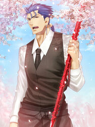  1boy bad_id bad_pixiv_id blue_hair cherry_blossoms cu_chulainn_(fate) cu_chulainn_(fate/stay_night) earrings fate/hollow_ataraxia fate_(series) gae_bolg_(fate) jewelry long_hair male_focus mitsuki_mitsuno official_alternate_costume petals polearm ponytail red_eyes solo spear waistcoat waiter weapon 