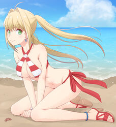  ahoge anklet beach bikini blonde_hair breasts cloud commentary_request crab criss-cross_halter day earrings fate/grand_order fate_(series) female full_body green_eyes ha-ru hair_intakes halterneck jewelry kneeling long_hair looking_at_viewer medium_breasts navel nero_claudius_(fate) nero_claudius_(swimsuit_caster)_(fate) ocean outdoors sandals side-tie_bikini_bottom sky smile solo striped_bikini striped_clothes swimsuit twintails v_arms wind 