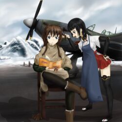  2girls aircraft airplane anabuki_tomoko apron black_hair blue_eyes book boots brown_hair chair cigarette commentary day elizabeth_f._beurling endlessgr8 english_commentary grey_eyes hand_on_own_hip hawker_hurricane highres holding_another&#039;s_hair japanese_clothes multiple_girls open_mouth outdoors pantyhose scissors shadow silhouette_demon sitting smoking snow standing strike_witches:_suomus_misfits_squadron world_witches_series 