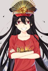  bad_id bad_pixiv_id black_hair black_hat breasts clothes_writing collarbone commentary crest crossed_arms family_crest fate/grand_order fate_(series) female grey_background grin hair_between_eyes hat highres koha-ace long_hair looking_at_viewer military_hat oda_nobunaga_(fate) oda_nobunaga_(koha-ace) oda_uri peaked_cap red_eyes red_shirt shaded_face shadow shirt short_sleeves small_breasts smile solo sutei_(xfzdarkt) v-shaped_eyebrows very_long_hair 