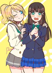  +_+ 2girls ;) artist_name ayase_eli bad_id bad_twitter_id black_hair blonde_hair commentary_request cosplay costume_switch hime_cut in-franchise_crossover kurosawa_dia love_live! love_live!_school_idol_project love_live!_sunshine!! multiple_girls one-hour_drawing_challenge one_eye_closed otonokizaka_school_uniform ponytail school_uniform shima_(mahirooon) skirt smile trait_connection uranohoshi_school_uniform wavy_mouth yuri 