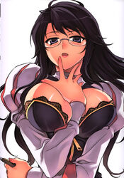  absurdres arm_between_breasts between_breasts black_bra black_hair black_jacket blazer blue_eyes bra bra_peek breasts breasts_squeezed_together bursting_breasts cleavage_cutout clothing_cutout female finger_to_mouth fingernails glasses hae-young_na hand_on_own_chest highres holding holding_pointer jacket juliet_sleeves lace lace-trimmed_bra lace_trim large_breasts long_fingernails long_hair long_sleeves looking_at_viewer necktie necktie_between_breasts official_art parted_lips pink_lips pointer puffy_sleeves raglan_sleeves red_necktie scan semi-rimless_eyewear simple_background solo soo-hyon_lee striped striped_sleeves sweat unbalance_unbalance underwear white_background white_sleeves zipper zipper_pull_tab 