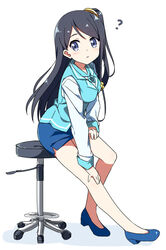  :o ? bare_legs black_hair blue_eyes blue_footwear blue_skirt blue_vest blush breasts chinese_commentary commentary_request female full_body hair_ornament hand_on_leg hand_on_own_knee hatsunatsu high_heels krt_girls long_hair long_sleeves looking_at_viewer looking_to_the_side medium_breasts one_side_up parted_lips pencil_skirt pumps shirt shoes simple_background sitting skirt solo stool uniform vest white_background white_shirt xiao_qiong 