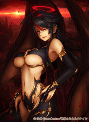  angel black_gloves black_hair breasts commentary_request earrings elbow_gloves female gloves halo head_wings jewelry large_breasts long_hair multicolored_hair original photoshop_(medium) pointy_ears red_hair sky smile solo ss39 two-tone_hair underboob wings yellow_eyes 