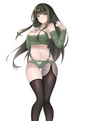  absurdres black_hair breasts brown_eyes clark_(159123) cleavage collarbone commentary crop_top detached_sleeves female girls&#039;_frontline green_panties highres large_breasts long_hair looking_at_viewer m4a1_(girls&#039;_frontline) multicolored_hair panties sidelocks solo standing streaked_hair thighhighs underwear weapon white_background 