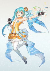  :d alternate_hairstyle aqua_eyes aqua_hair arm_garter beamed_eighth_notes black_gloves bow bug butterfly clenched_hand commentary decorator_(vocaloid) eighth_note english_commentary female finger_gun full_body gloves hair_ornament hair_ribbon hatsune_miku high_heels highres leg_up long_hair musical_note neck_ribbon open_mouth outstretched_arm pantyhose photoshop_(medium) pleated_skirt pointing project_diva_(series) project_diva_f_2nd quarter_note rakuhei ribbon shirt shoes side_ponytail silhouette skirt smile solo treble_clef vocaloid white_pantyhose 