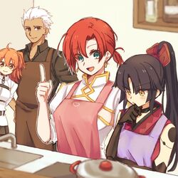  1boy 3girls ahoge apron archer_(fate) black_hair boudica_(fate) chaldea_uniform commentary dark-skinned_male dark_skin earrings fate/grand_order fate_(series) fujimaru_ritsuka_(female) hand_on_own_chin jewelry katou_danzou_(fate) kitchen multiple_girls nm222 orange_hair ponytail protected_link red_hair sink stroking_own_chin white_hair 