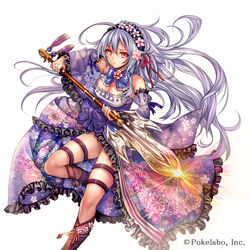  ahoge arm_up bare_shoulders bow bowtie breasts cleavage commentary_request company_name detached_sleeves dress feet_out_of_frame female floral_print flower foreshortening frilled_dress frilled_sleeves frills glowing glowing_weapon grey_hair hair_between_eyes hair_flower hair_ornament hair_ribbon hairband holding holding_polearm holding_weapon long_hair looking_at_viewer madogawa medium_breasts official_art photoshop_(medium) polearm red_eyes ribbon sengoku_gensoukyoku simple_background solo spear tassel two-handed weapon white_background wide_sleeves 