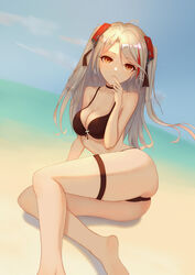  ahoge arm_at_side arm_support ass azur_lane bad_bcy_id bad_id bare_arms bare_legs bare_shoulders barefoot bikini black_bikini black_choker breasts brown_eyes choker cleavage closed_mouth collarbone cross cross_earrings day earrings eyelashes female finger_in_own_mouth finger_sucking front-tie_bikini_top front-tie_top hair_between_eyes hair_ornament hand_up highres iron_cross jewelry long_hair looking_at_viewer medium_breasts ocarino outdoors prinz_eugen_(azur_lane) side-tie_bikini_bottom sitting sky smile solo spaghetti_strap string_bikini swimsuit thigh_strap two_side_up white_hair yokozuwari 