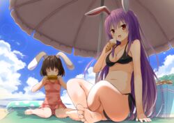  2girls animal_ears bare_arms bare_legs barefoot beach_towel beach_umbrella bikini black_bikini black_hair blue_sky bluekalmia breasts cleavage closed_eyes cloud cloudy_sky commentary_request cooler corn crossed_legs day eating feet food ice_cream inaba_tewi innertube long_hair medium_breasts multiple_girls one-piece_swimsuit outdoors pink_one-piece_swimsuit purple_hair rabbit_ears red_eyes reisen_udongein_inaba sitting sky smile soles summer swim_ring swimsuit touhou towel umbrella very_long_hair 