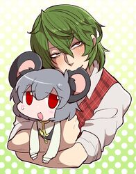  2girls akira_(cookie) animal_ears bad_id bad_twitter_id biting blush collared_shirt cookie_(touhou) ear_biting gradient_background green_hair grey_hair hug jewelry kazami_yuuka long_sleeves mouse_ears multiple_girls nazrin necklace nyon_(cookie) plaid plaid_vest polka_dot polka_dot_background red_eyes shirt sleeves_rolled_up sweatdrop syowahoka touhou vest 