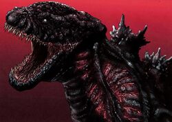  commentary_request dinosaur fangs giant giant_monster glowing godzilla godzilla_(series) godzilla_(shin) gradient_background kaijuu monster no_humans open_mouth red_background sharp_teeth shin_godzilla teeth toho_(film_company) wasugabakuhatu 