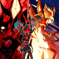  berserk_ryuuko black_hair blonde_hair commentary_request female highres kill_la_kill matoi_ryuuko monster multicolored_hair multiple_persona red_hair scissor_blade_(kill_la_kill) senketsu senketsu-kisaragi spoilers takatsuki_nato two-tone_hair 