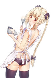  apron ass blonde_hair blush bow bowl braid breasts cowboy_shot darwin&#039;s_game female food food_on_face frilled_apron frills from_behind hairbow highres holding holding_bowl holding_whisk long_hair looking_at_viewer looking_back mixing_bowl nearly_naked_apron official_art panties purple_bow purple_panties purple_thighhighs red_eyes shuka_(darwin&#039;s_game) simple_background small_breasts solo takahata_yuki thighhighs tongue tongue_out twin_braids underwear very_long_hair whisk white_apron white_background 