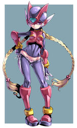  blonde_hair bow bow_panties braid closed_mouth commentary_request female full_body genderswap_(mtf) groin helmet highres honzawa_yuuichirou long_hair mega_man_(series) mega_man_zero_(series) panties photoshop_(medium) rule_63 side-tie_panties skin_tight solo standing twin_braids underwear zero(z)_(mega_man) zero_(mega_man) 