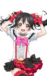  \m/ artist_request black_hair blush bokura_wa_ima_no_naka_de bow checkered choker collarbone double_\m/ earrings female fingerless_gloves frills gloves hairbow half-skirt jewelry long_hair looking_at_viewer love_live! love_live!_school_idol_festival love_live!_school_idol_festival_after_school_activity love_live!_school_idol_project navel nico_nico_nii official_art open_mouth pink_bow plaid puffy_short_sleeves puffy_sleeves red_eyes short_sleeves simple_background skirt smile solo suspenders teeth thighhighs transparent_background twintails yazawa_nico 