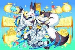  black_hair blush breasts cleavage closed_eyes daji_(fullbokko_heroes) female fish fullbokko_heroes furry furry_female hand_fan holding large_breasts long_sleeves multicolored_hair multiple_tails official_art open_mouth sandals solo_focus tail white_hair 