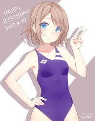  alternate_breast_size blue_eyes blue_one-piece_swimsuit breasts brown_hair collarbone commentary_request competition_swimsuit cowboy_shot dated female gogi grey_background hand_on_own_hip happy_birthday highres looking_at_viewer love_live! love_live!_sunshine!! one-piece_swimsuit purple_one-piece_swimsuit short_hair signature small_breasts smile solo swimsuit v watanabe_you 