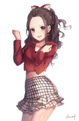  :d artist_name bad_id bad_pixiv_id blush bow brown_eyes brown_hair clenched_hands commentary_request crop_top earrings female forehead frilled_skirt frills grid hairbow jewelry k-pop long_sleeves looking_at_viewer midriff oninaart open_mouth parted_bangs real_life red_shirt shiny_skin shirt simple_background skirt smile solo twice_(group) tzuyu_(twice) undershirt w_arms white_background 