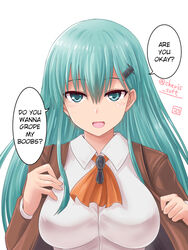  aqua_eyes aqua_hair ascot breasts daijoubu?_oppai_momu? female hair_ornament hairclip hard_translated haura_akitoshi jacket kantai_collection long_hair open_clothes open_jacket open_mouth school_uniform solo suzuya_(kantai_collection) translated twitter_username 