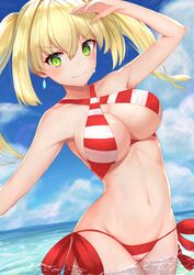  ahoge bare_shoulders beach bikini blonde_hair blush breasts cleavage collarbone commentary_request criss-cross_halter day earrings fate/extra fate/grand_order fate_(series) female green_eyes hair_between_eyes hair_intakes halterneck hand_up highres hip_focus jewelry large_breasts long_hair looking_at_viewer navel nero_claudius_(fate) nero_claudius_(swimsuit_caster)_(fate) ocean outdoors red_bikini reuri_(tjux4555) side-tie_bikini_bottom solo striped_bikini striped_clothes swimsuit twintails wading 