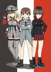  3girls absurdres bismarck_(kancolle) boots commentary_request country_connection cross crossed_arms germany gertrud_barkhorn girls_und_panzer gloves hat highres hoshino_banchou imperial_german_flag iron_cross kantai_collection kuromorimine_military_uniform military military_uniform multiple_girls nishizumi_maho photoshop_(medium) skirt strike_witches thighhighs twintails uniform world_witches_series 