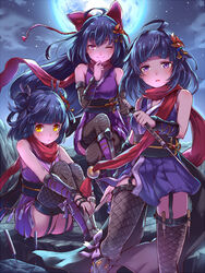  3girls ;) ahoge arm_guards armor armored_boots black_hair black_panties blush boots bow chisel_(ole_tower) closed_mouth cloud commentary_request crack crossed_legs detached_sleeves double_bun eyebrows fishnet_thighhighs fishnets flat_chest floating_hair garter_straps gimlet_(ole_tower) hair_between_eyes hair_bun hair_ornament hair_rings hairbow holding holding_weapon holster japanese_clothes kimono knees_up long_hair looking_at_viewer mataichi_mataro multiple_girls night night_sky ninja obi ole_tower on_floor one_eye_closed orb panties pantyshot parted_lips pinwheel plane_(ole_tower) purple_bow purple_eyes red_bow red_scarf remodel_(ole_tower) rope sash scarf shade short_hair short_kimono short_sword sidelocks sitting sky sleeveless sleeveless_kimono smile standing sword tassel thigh_holster thighhighs underwear upskirt very_long_hair weapon wind yellow_eyes 