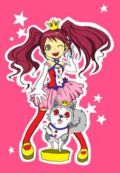  ;d canine crossover crown elbow_gloves female foreshortening gloves koromaru kujikawa_rise long_hair megami_tensei one_eye_closed open_mouth outstretched_arm persona persona_3 persona_4 red_legwear shin_megami_tensei skirt smile twintails wink 