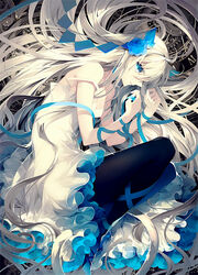  blue_eyes blue_flower blue_rose commentary_request dress female fetal_position flower frills long_hair lying nekonabe_ao original pantyhose ribbon rose solo very_long_hair white_hair 