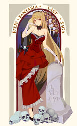  bare_shoulders black_bow black_footwear blonde_hair bow breasts bustier cleavage closed_mouth commentary_request copyright_name detached_collar elbow_gloves expressionless female frilled_skirt frills full_body gem gloves hand_up hestia_(pixiv_fantasia_last_saga) highres layered_skirt leaning_to_the_side long_hair long_skirt looking_at_viewer medium_breasts ocarino pixiv_fantasia pixiv_fantasia_last_saga pointy_ears red_eyes red_gemstone red_skirt skirt skull solo standing straight_hair strapless tombstone very_long_hair white_gloves 