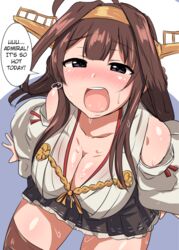  arm_support black_eyes blush breasts brown_hair cleavage detached_sleeves female from_above hairband hard_translated japanese_clothes kantai_collection kongou_(kantai_collection) large_breasts long_hair nontraditional_miko open_mouth senshiya sitting solo sweat thighhighs translated wide_sleeves 