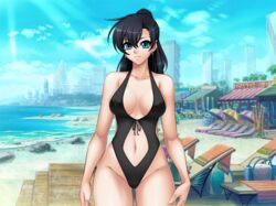  beach black_hair blue_eyes breasts female female fuuma_tokiko kagami_hirotaka lilith-soft looking_at_viewer one-piece_swimsuit shiny_skin sky smile swimsuit taimanin_asagi taimanin_asagi_battle_arena 